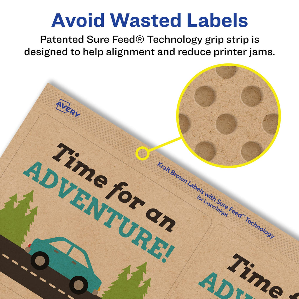 Avery® Kraft Brown Rectangle Labels, Sure Feed® Technology, 3-1/3" x 4", 600 Kraft Brown Labels, Laser/Inkjet Printable 600 labels