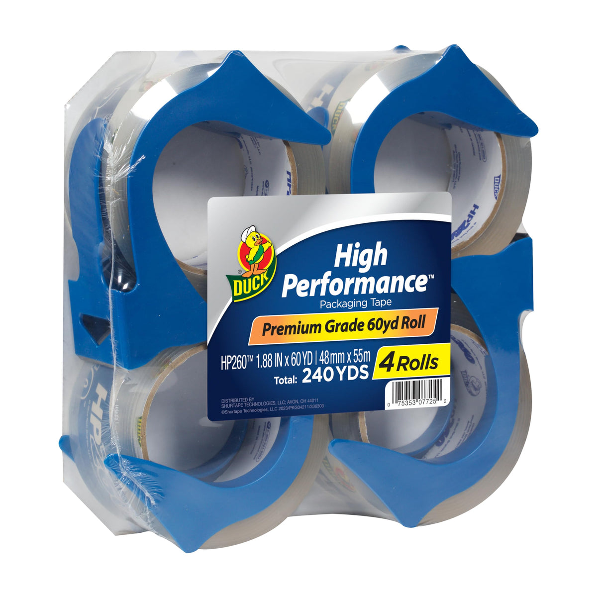 Duck High Performance Clear Packing Tape Dispensers - 4 Rolls of HP260 Strong Packaging Tape for Shipping, Moving, Mailing & Storage Boxes - 3" Core, 1.88 Inch x 60 Yards, Clear (847667)