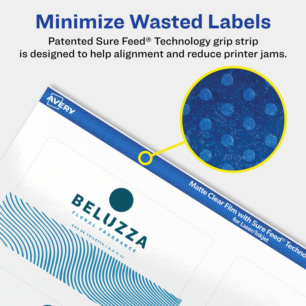 Avery Matte Clear Rectangle Labels, Sure Feed Technology, 2" x 3.5", 80 Matte Clear Labels, Print-to-The-Edge, Laser/Inkjet Printable 80 labels