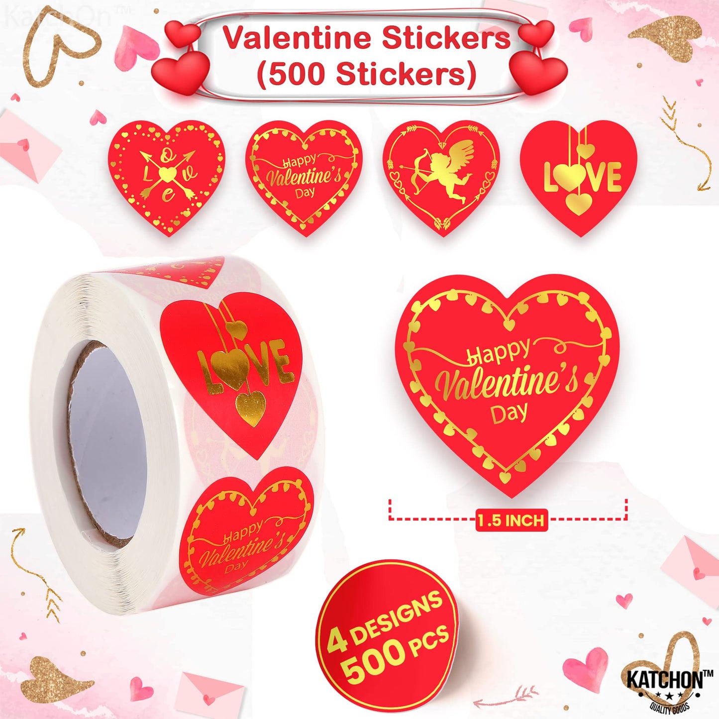 KatchOn, Big Red Heart Stickers for Kids - 500 Pieces, 1.5 Inch | Shiny Valentines Stickers for Kids | Happy Valentines Day Stickers | Valentine Stickers for Adults | Happy Valentines Day Decorations