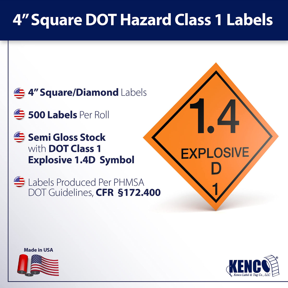 D.O.T. Labels - Hazard Class 1 DOT Explosives 1.4D Hazmat Labels 4" X 4" Square Sticklers - 500 Adhesive Labels Per Roll, Made in the USA by Kenco (1)