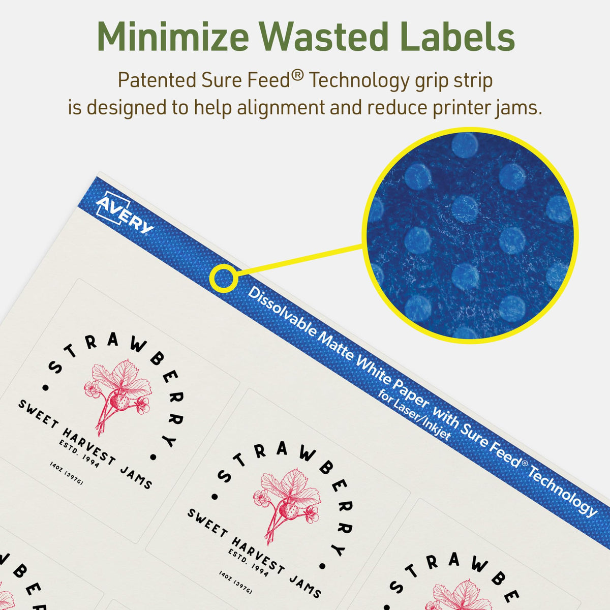 Avery® Dissolvable Square Labels, Sure Feed® Technology, 2.5" x 2.5", Matte White, Laser/Inkjet Printable, 90 Labels Total, Freezer-Safe, Microwave-Safe, Refrigerator-Safe