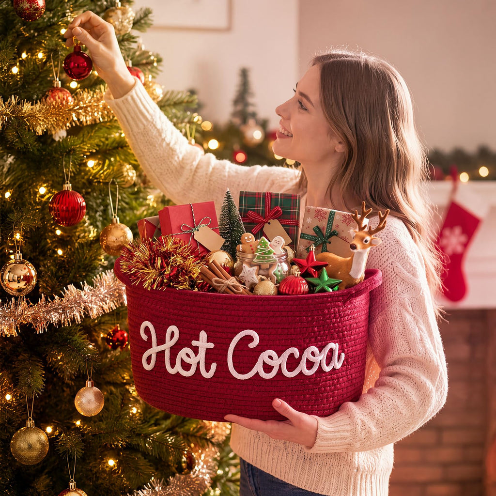 Meanplan Hot Cocoa Gifts Basket Empty Wiith Handles, Red