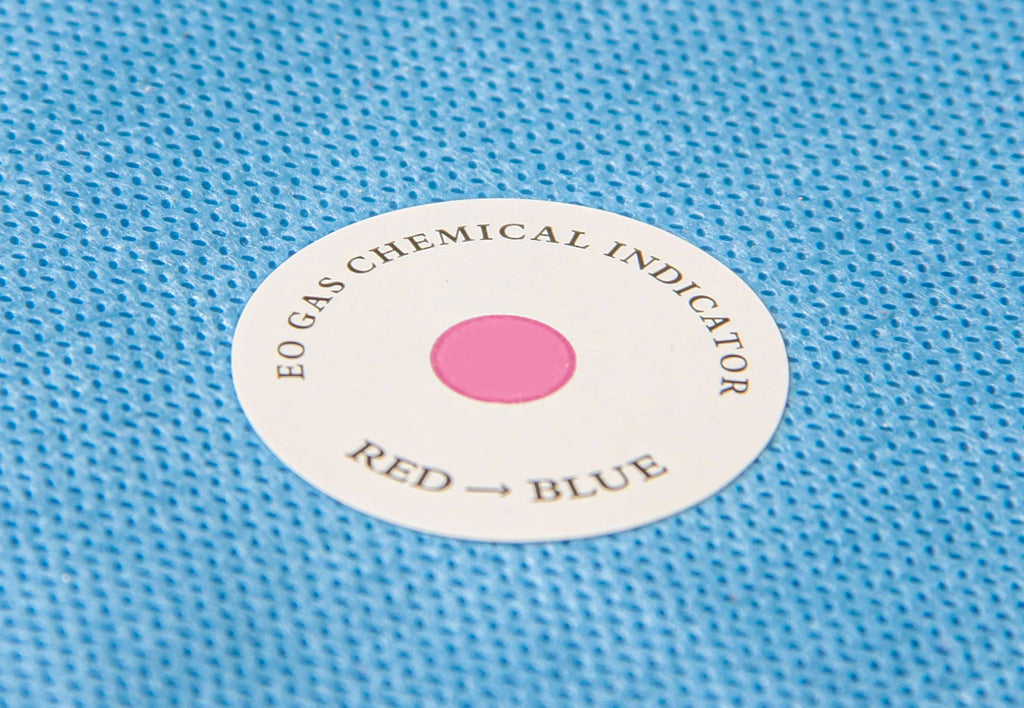 Sinicmed ETO sterilization indicator label sticker on sterilization pouch, used for ethylene oxide sterilizer validation.