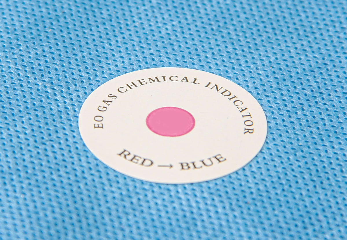 Sinicmed ETO sterilization indicator label sticker on sterilization pouch, used for ethylene oxide sterilizer validation.