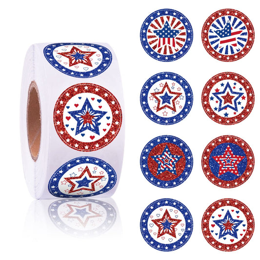 Whaline 600Pcs American Flag Stickers Glitter Patriotic Star Label Sticker Independence Day Stickers 4th of July Decals 8 Design Adhesive Sealing Labels for Envelopes Baking Bag Party Favor Supplies