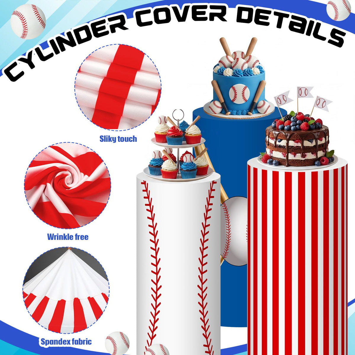 Frienda 3 Pcs Halloween Cylinder Cover Wraps for Dessert Table, Baseball White Blue Red