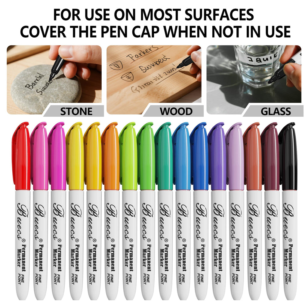 Buecs Permanent Markers, 96 Count Fine Point Permanent Markers, 16 colors, Waterproof & Smear Proof Markers, Quick Drying, Office Supplies for School, Office, Home