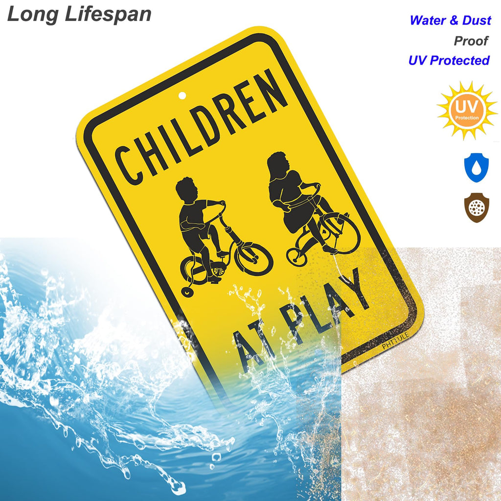 Slow Children at Play Signs 4 Pack, Slow Down Kids Playing Signature 18”x12” Rust Free .040 Aluminum, Fade Resistant Security Drive Slow Signs Black and Yellow G04