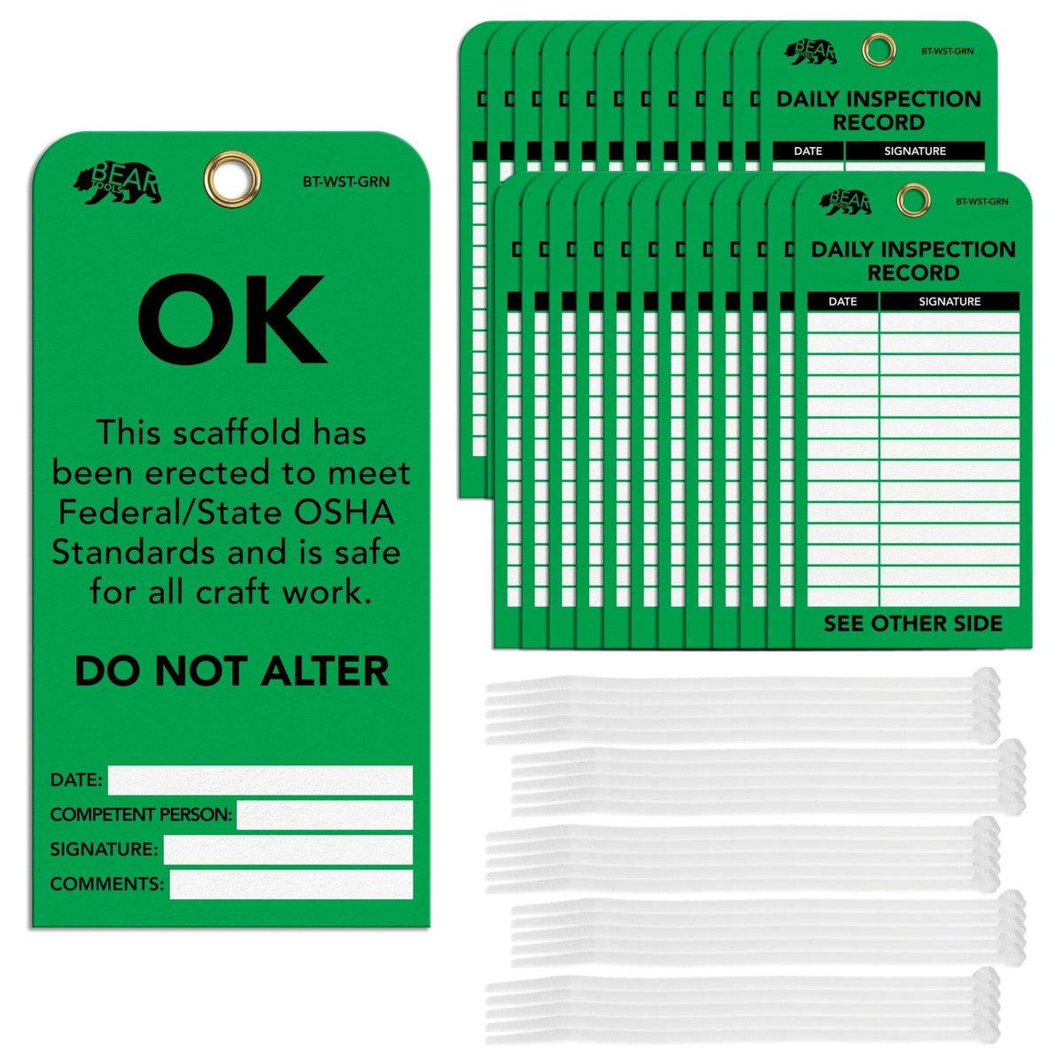 BearTOOLS Scaffold Tags - Safety Inspection Kit with Cable Ties - OK Scaffold Status Warning Sign - Laminated 3 x 6 in, Pack of 25 - Weatherproof, Tear-Resistant - Green Tags