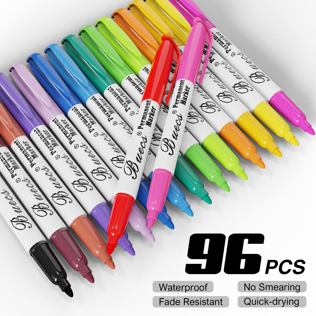 Buecs Permanent Markers, 96 Count Fine Point Permanent Markers, 16 colors, Waterproof & Smear Proof Markers, Quick Drying, Office Supplies for School, Office, Home