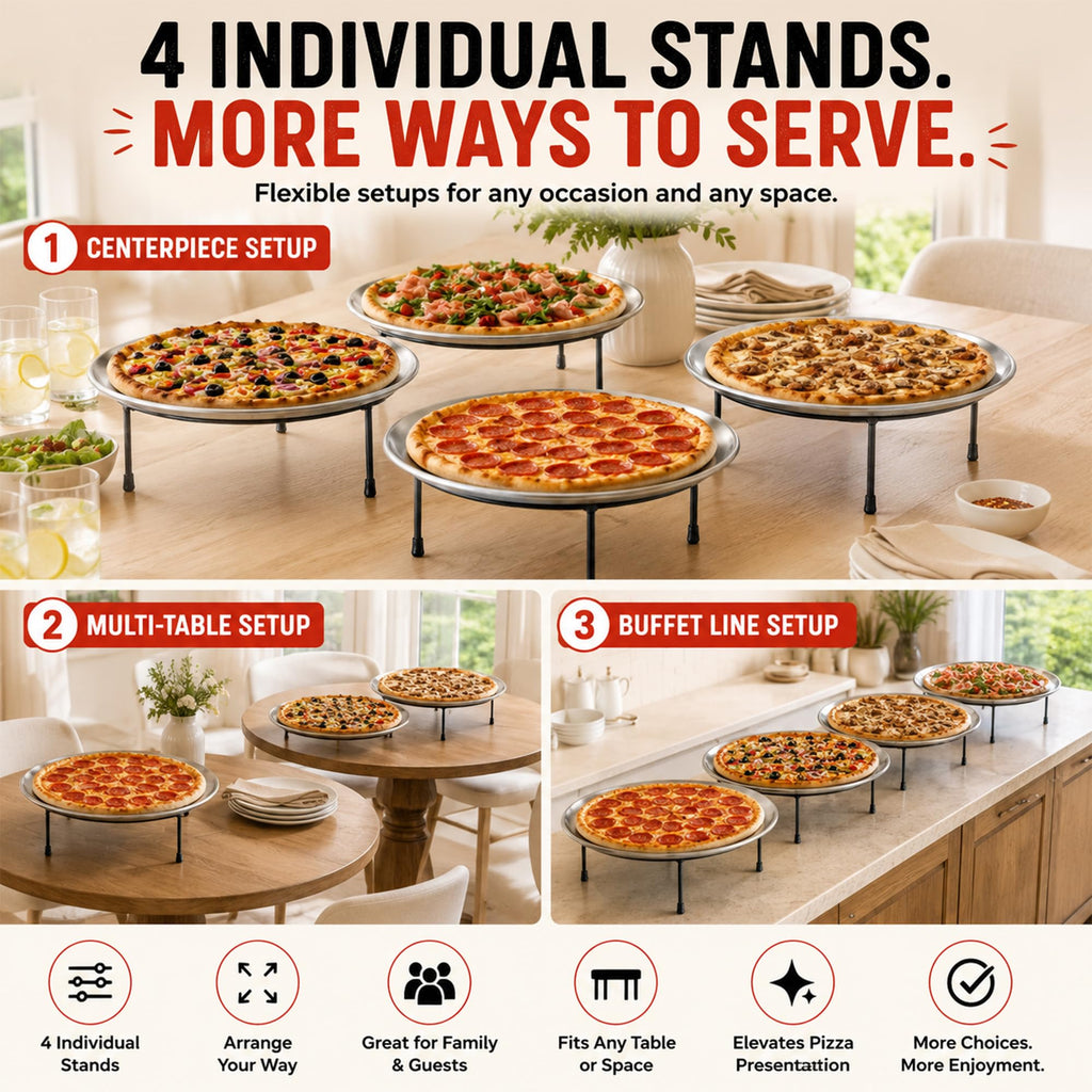 Pizza Stands for Party, 4 Riser Set with Pans and Servers & Cutter