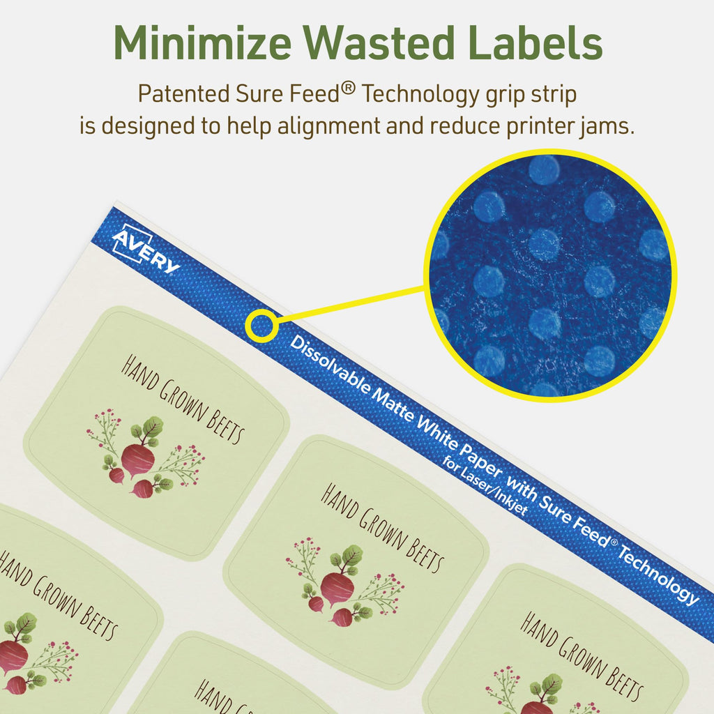 Avery Dissolvable Arched Square Labels, Sure Feed Technology, 2" x 2-3/16", Matte White, Print-to-The-Edge, Laser/Inkjet Printable, 120 Labels Total