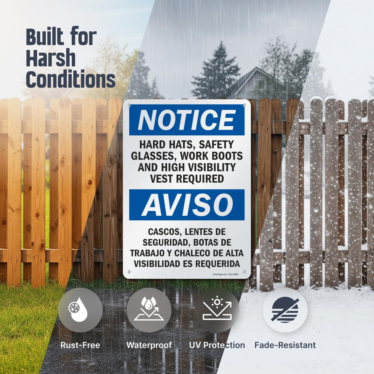 SmartSign - S-5992-AL-14 Notice - Hard Hats, Glasses, Boots, Vest Required Bilingual Sign By | 10" x 14" Aluminum 10x14 inches