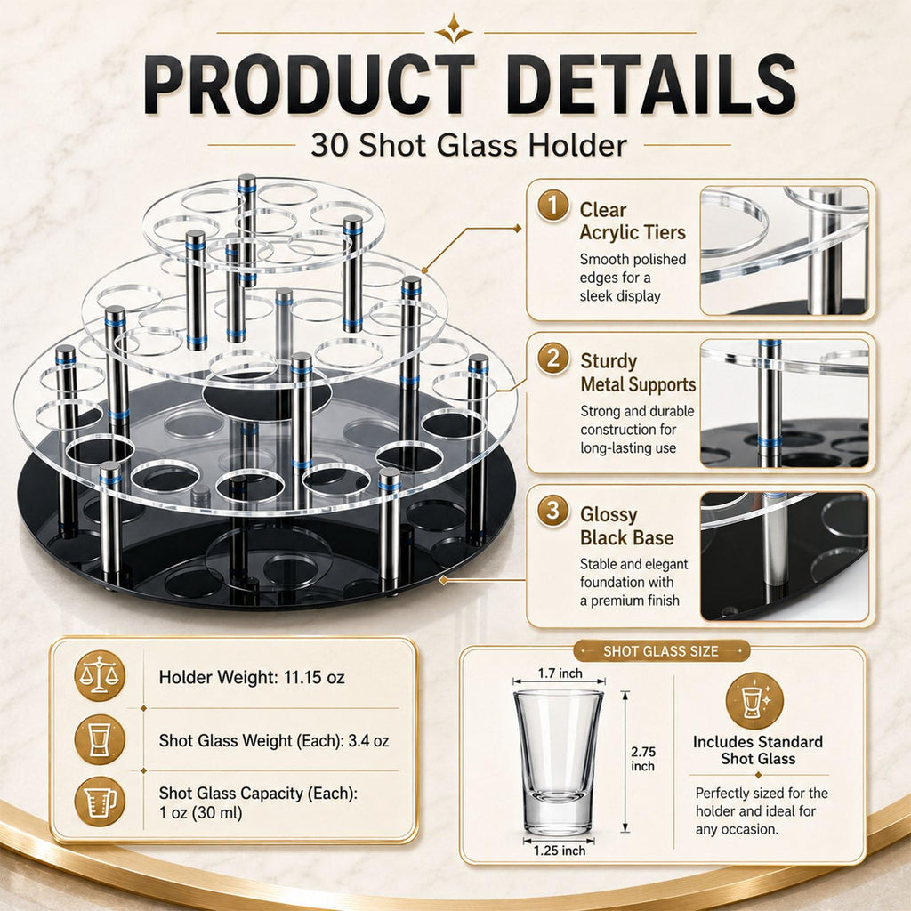 3 Tier 30 Shot Glass Holder Tray with Central Bottle Slot