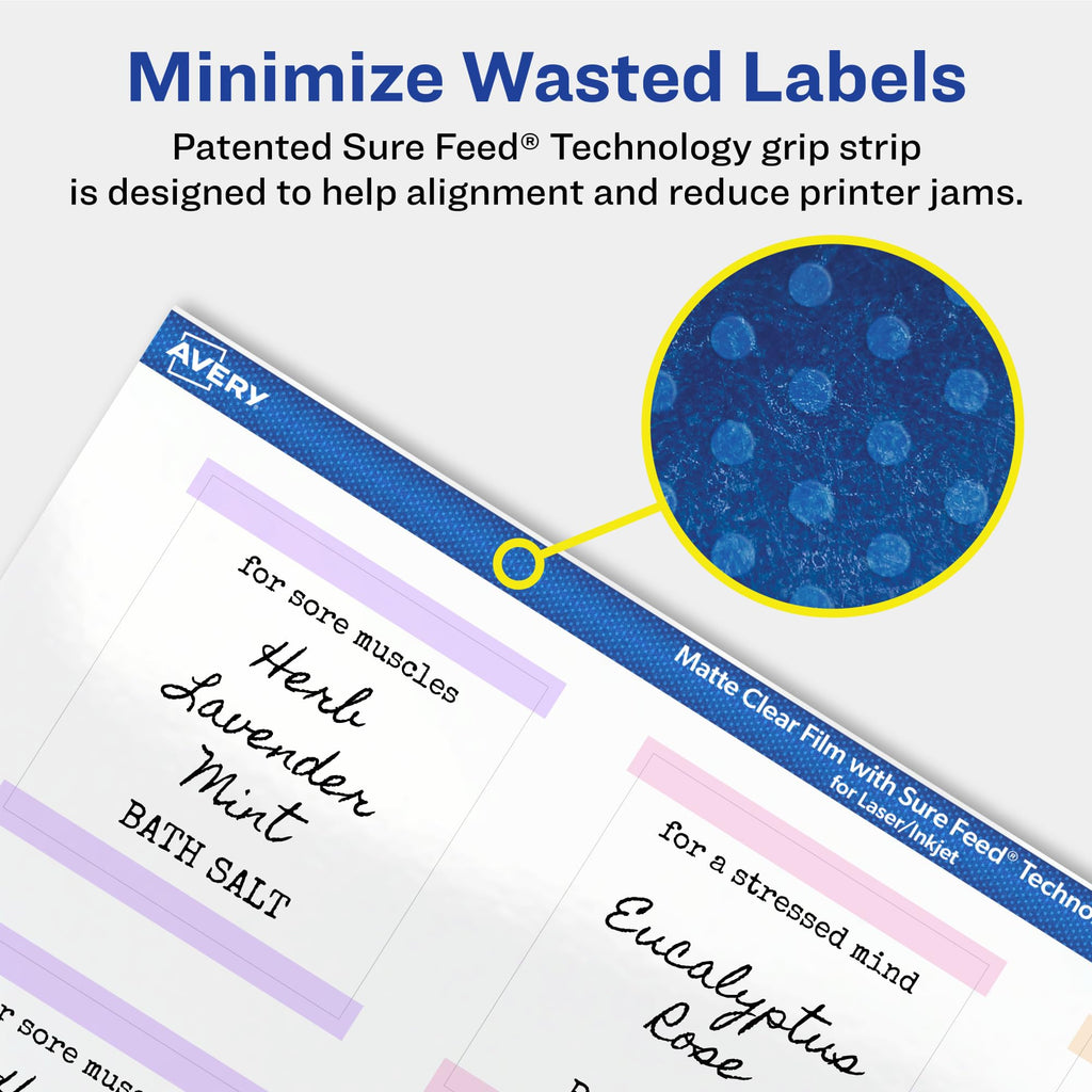 Avery® Matte Clear Square Labels, Sure Feed® Technology, 2" x 2", 120 Matte Clear Labels, Print-to-The-Edge, Laser/Inkjet Printable 120 labels
