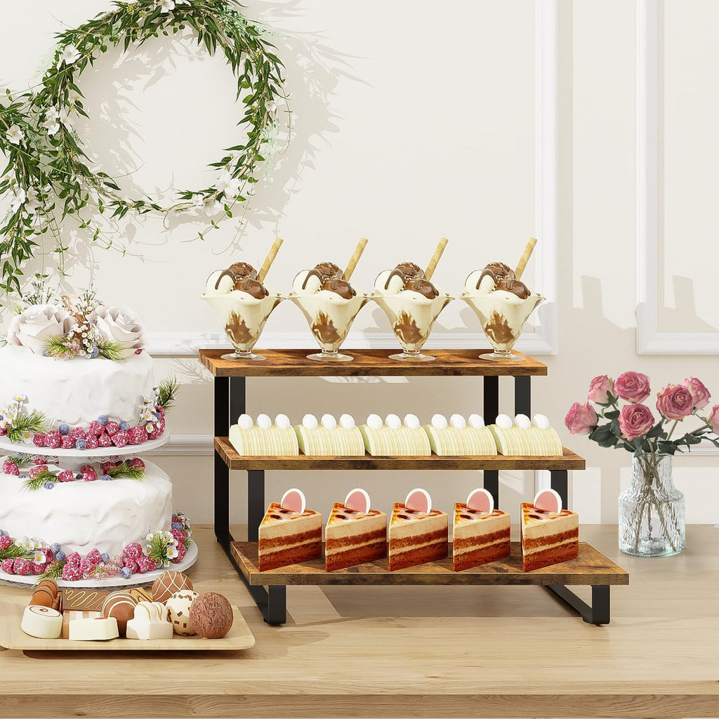 ELITEROO Wooden Display Stand Set, Portable 3 Tier Shelves Stair Step Shelf Risers Stands for Retail Tabletop, Countertop, Craft Shows, Farmers Market, Tradeshows, Vendors (1 Straight + 2 Corner)