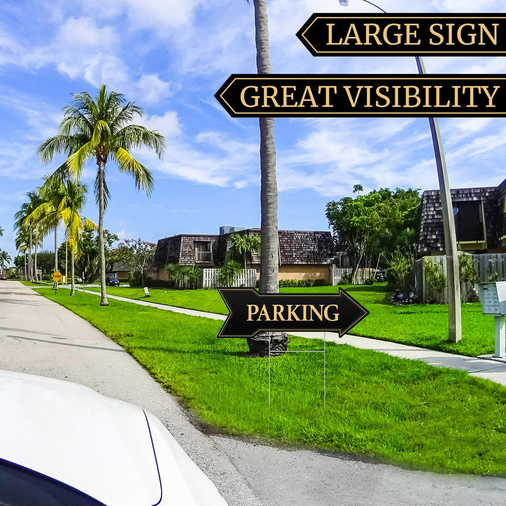 Menkxi 6 Pack Arrow Parking Signs with Stakes, Black Gold Double Sided