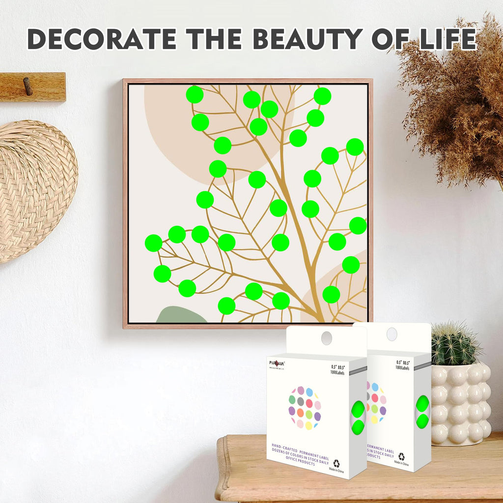 10000Pcs Fluorescent Green Dot Stickers, 1/2" Round Circle Label Permanent 10 Rolls-10000PCS