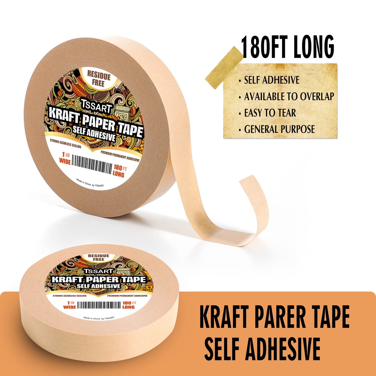 Kraft Paper Tape K49 - Self Adhesive Brown Frame Backing Tape Packing Tape with Oxidation Resistance for Picture Framing, Masking, Sealing and Packaging Use - 1inch Wide 180FT Long
