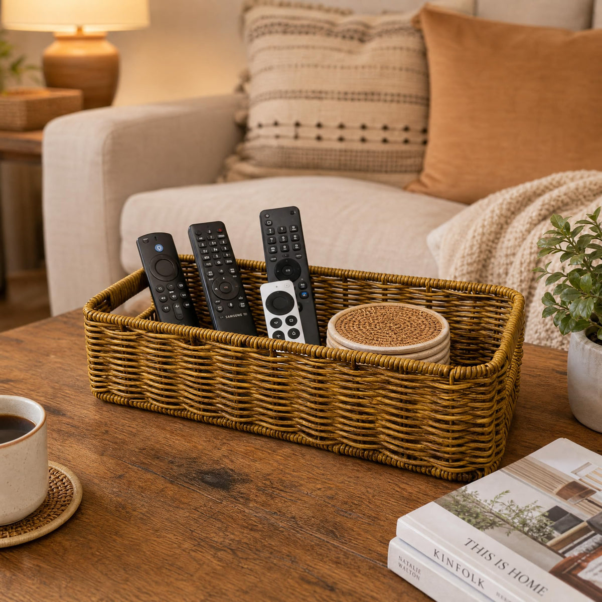 Rectangular Handwoven PVP Rattan Storage Basket with Handles