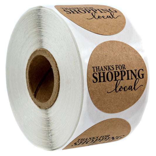 1.5" Round Kraft Thanks for Shopping Local Stickers / 500 Labels Per Roll Kraft Script Local