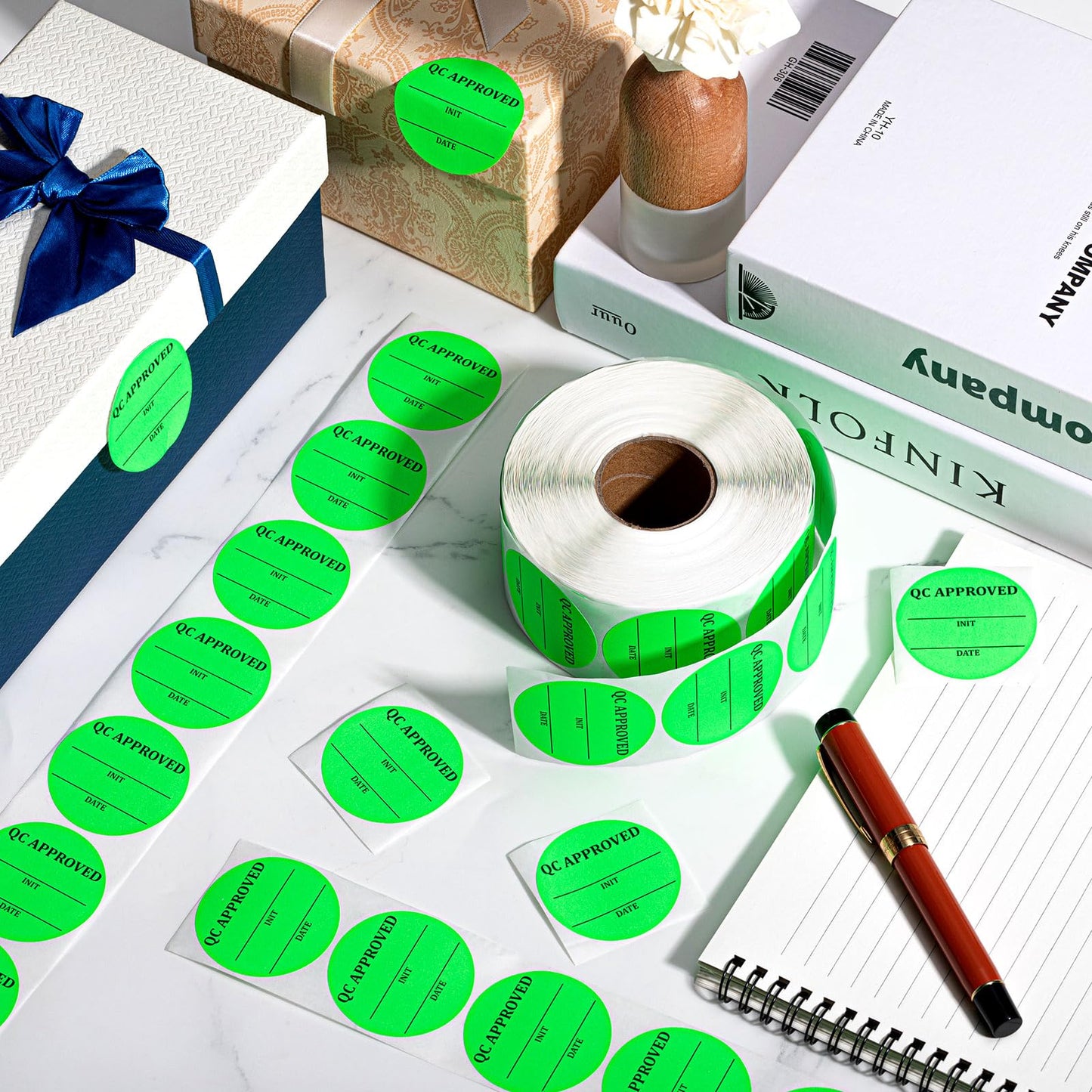 Gueevin 1 Roll/1000 Pcs 2 Inch Quality Control Inventory Labels Writeable QC Inventory Approval Stickers Fluorescent Green Permanent Adhesive Inventory Stickers for Shipping Warehouse Organization