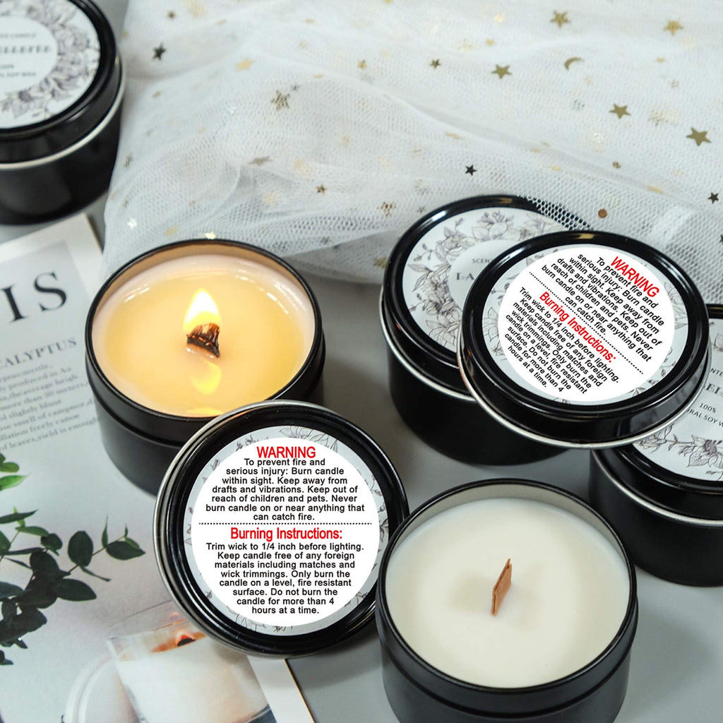 Set of 500 waterproof candle safety warning labels for soy wax candle jars, tins, and votives by Pop Resin.