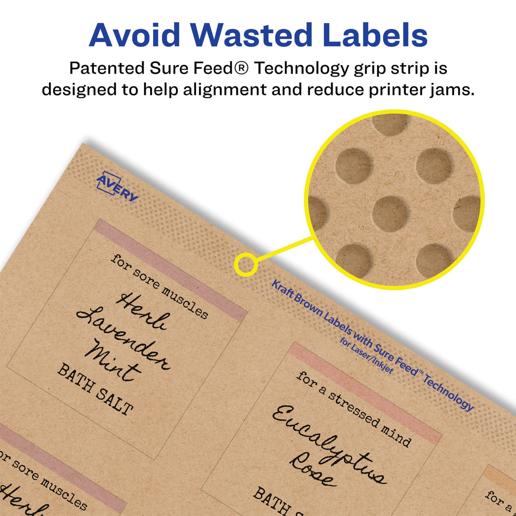 Avery® Kraft Brown Square Labels, Sure Feed® Technology, 2-1/8" x 2-1/8", 180 Kraft Brown Labels, Print-to-The-Edge, Laser/Inkjet Printable 180 labels