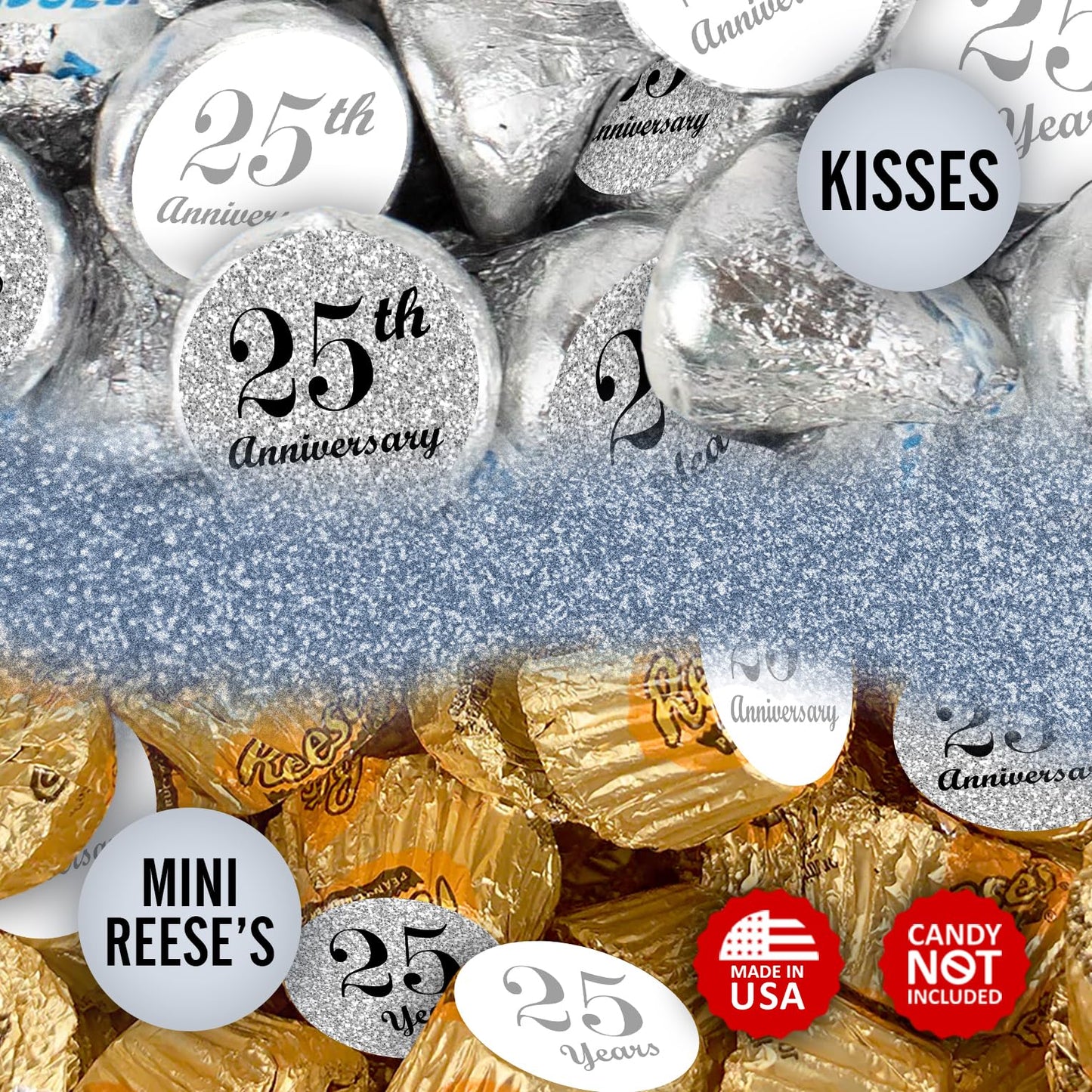25th Anniversary Kisses Stickers, (Set of 216) Chocolate Drops Labels Stickers for 25th Wedding Anniversary, Party Favors Decor for Kisses. Made in USA