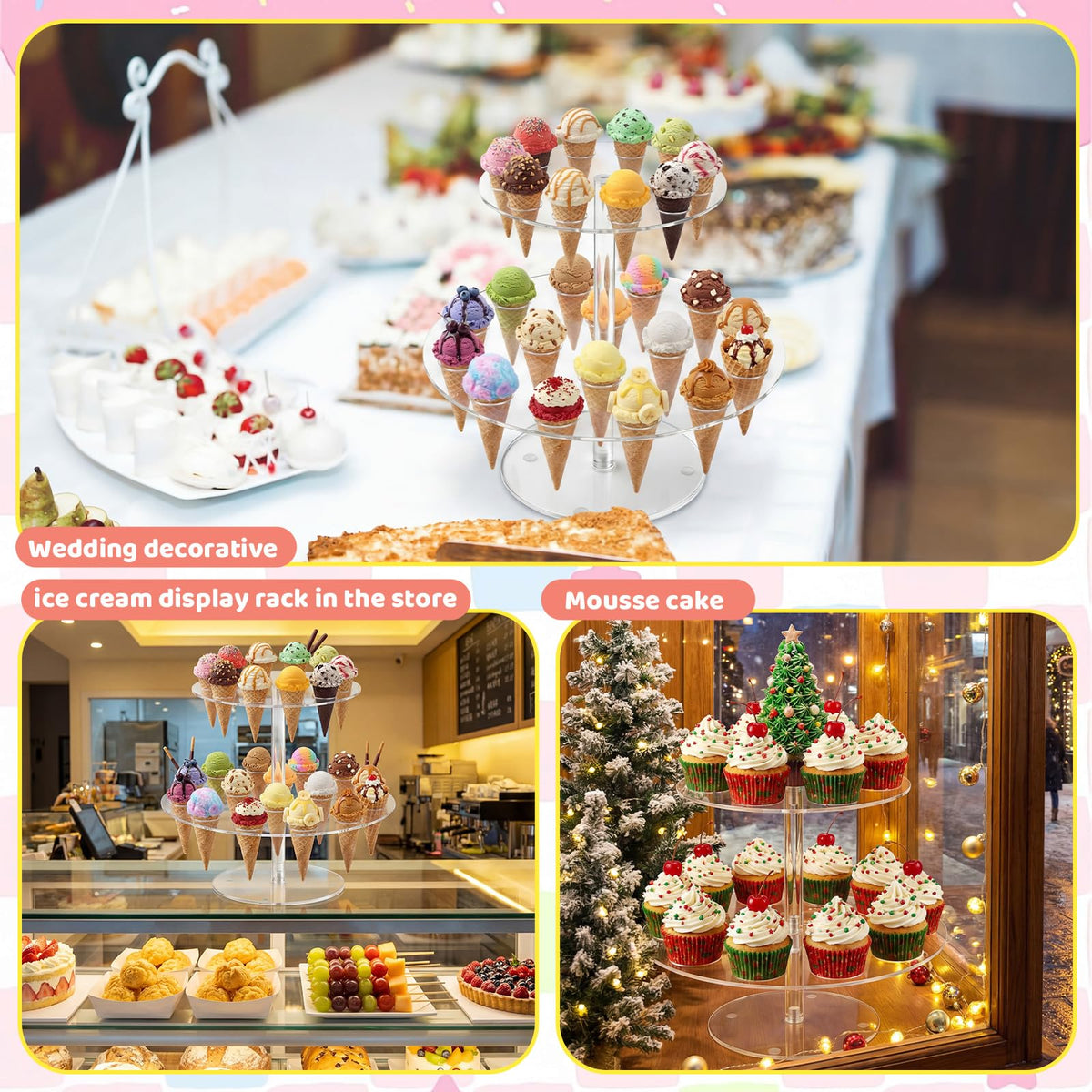 FoldTier 2 Pack Acrylic Ice Cream Cone Holder Stand, 2 Tier with 24 Holes