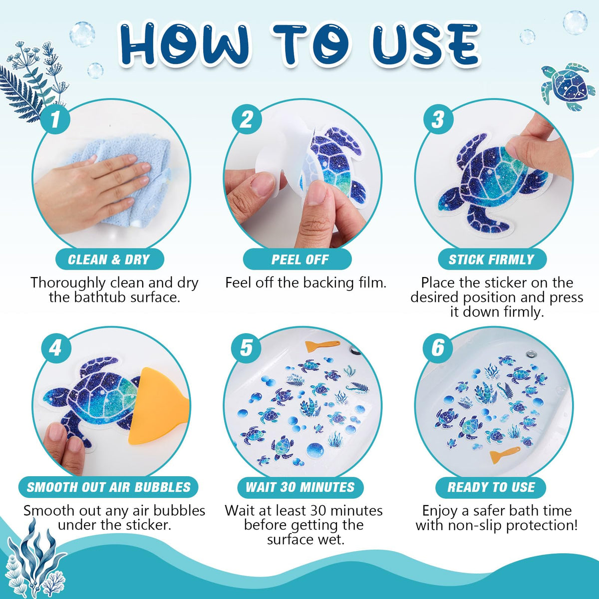 Fullhawl 30 Pcs Turtle Non Slip Shower Stickers, Cute Bathtub Safety