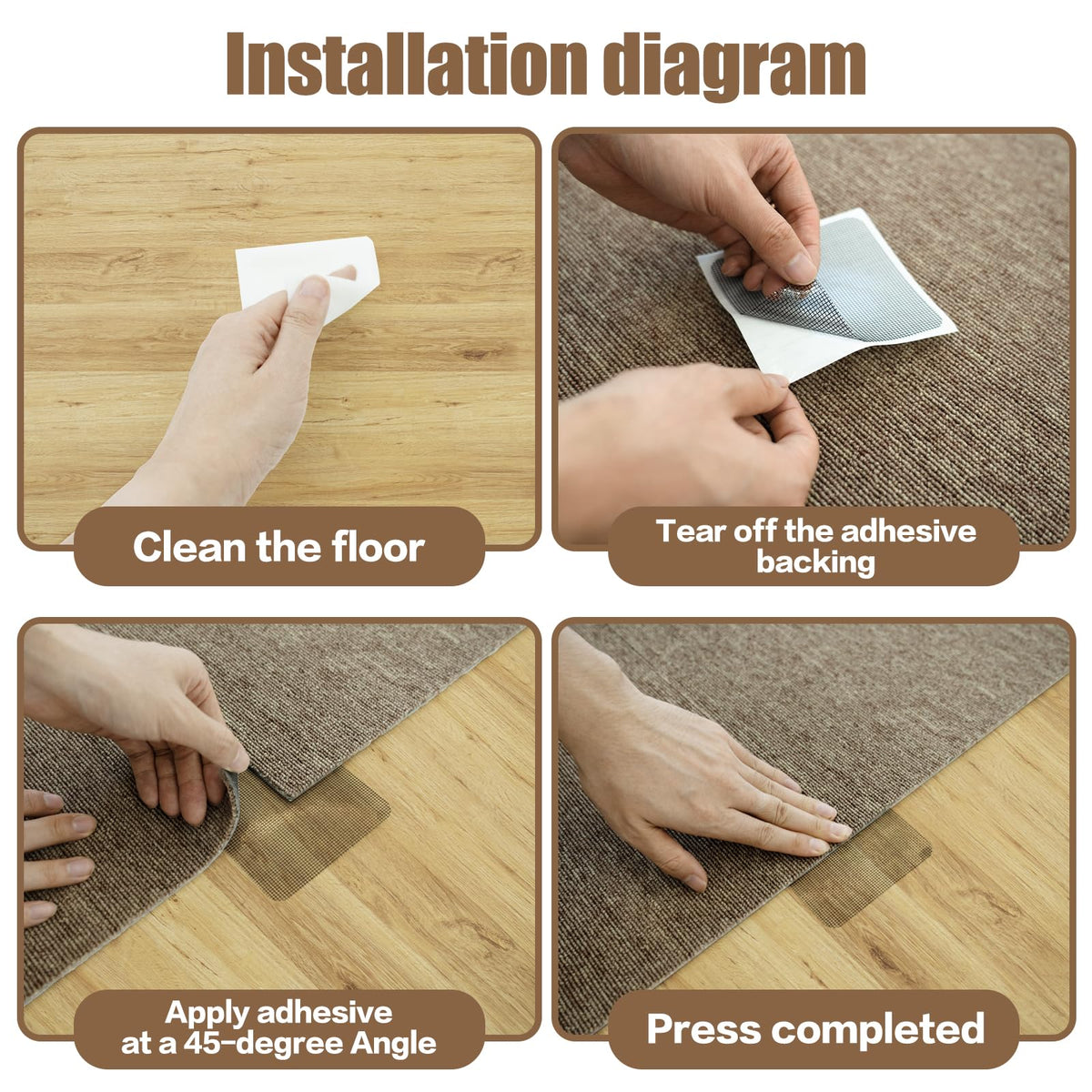 4" x 4" Carpet Tile Tape, Strong Hold Single Sided Carpet Tape for Hardwood Floors Area Rugs Mats, No Residue Adhesive Tape for Indoor Use(200 Pcs) 200 PACK