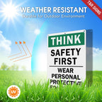T&R Large Think Safety First Sign Wear Personal Protective Equipment - 2 Pack - 14 x 10 Inches Rust Free .040 Aluminum Reflective - UV Protected, Waterproof and Fade Resistant - 6 Pre-drilled Holes 2 Pack - Think Safety First