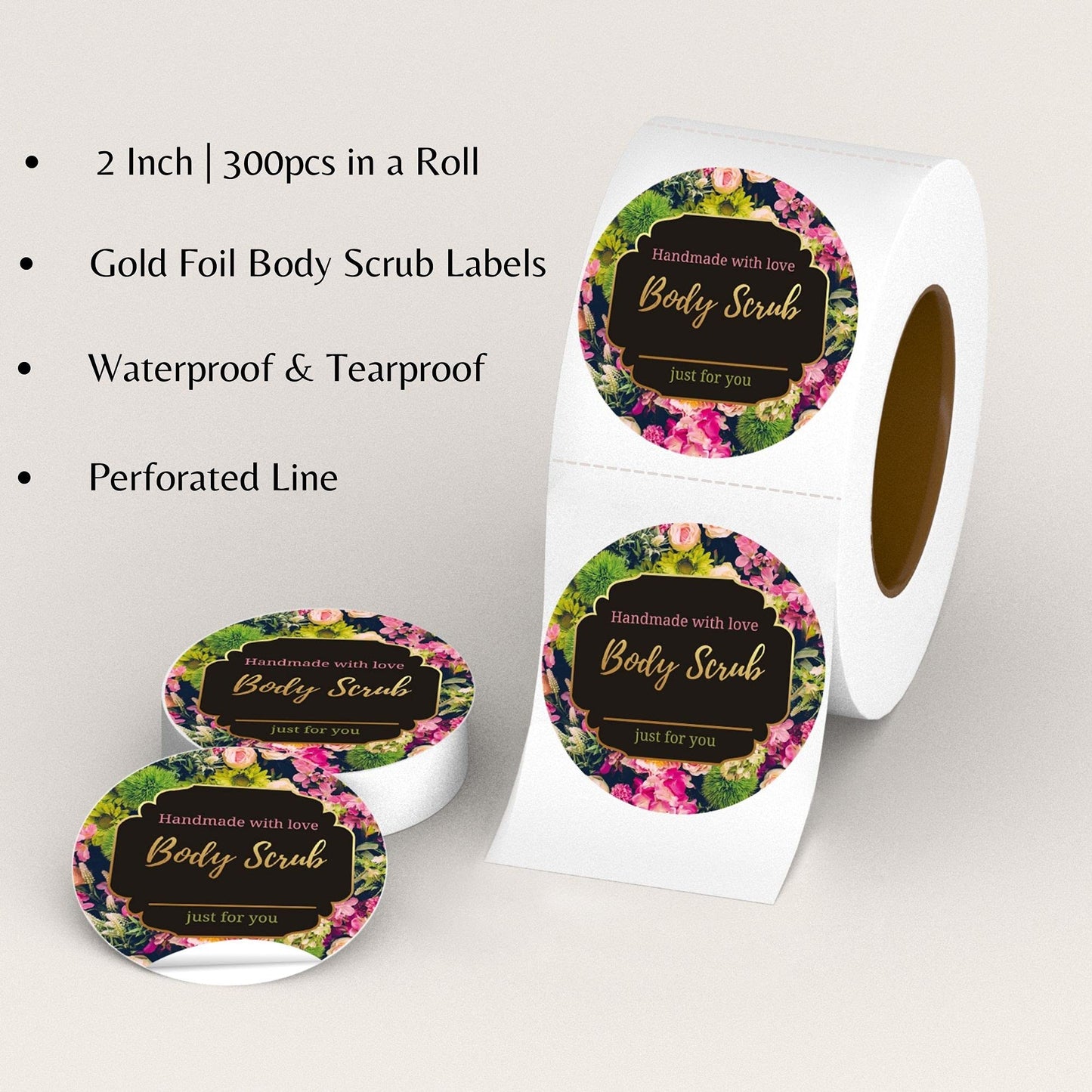 Mobiusea Creation Body Scrub Containers Labels Roll | 2 Inch | Gold Foil | 300 Waterproof Stickers for Small Plastic Containers | Ideal for Sugar Scrubs, Body Scrubs, Cosmetic Jars with Lids