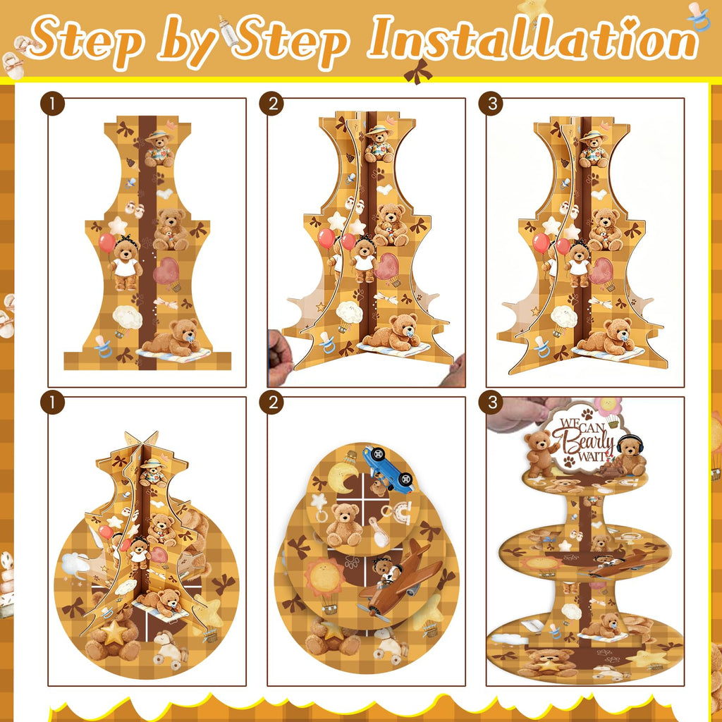 Bear Baby Shower Cupcake Stand - Brown 3 Tier Teddy Bear Baby Shower Decorations for Boys Girls, We Can Bearly Wait Dessert Table Decor with Toppers Gender Reveal Party Supplies
