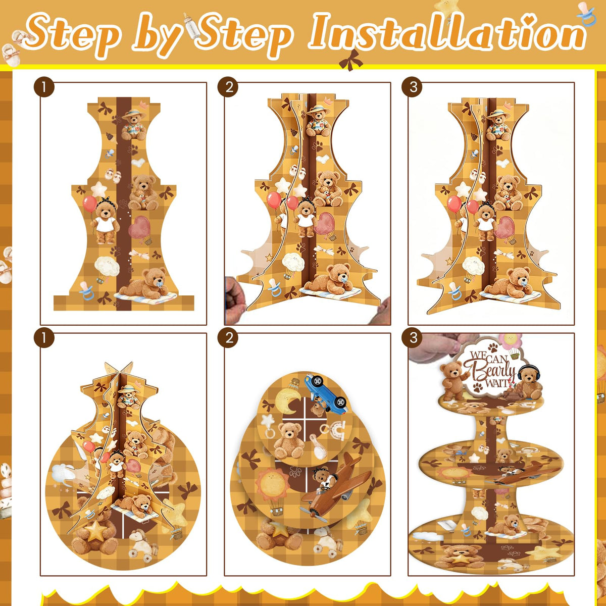 Bear Baby Shower Cupcake Stand - Brown 3 Tier Teddy Bear Baby Shower Decorations for Boys Girls, We Can Bearly Wait Dessert Table Decor with Toppers Gender Reveal Party Supplies