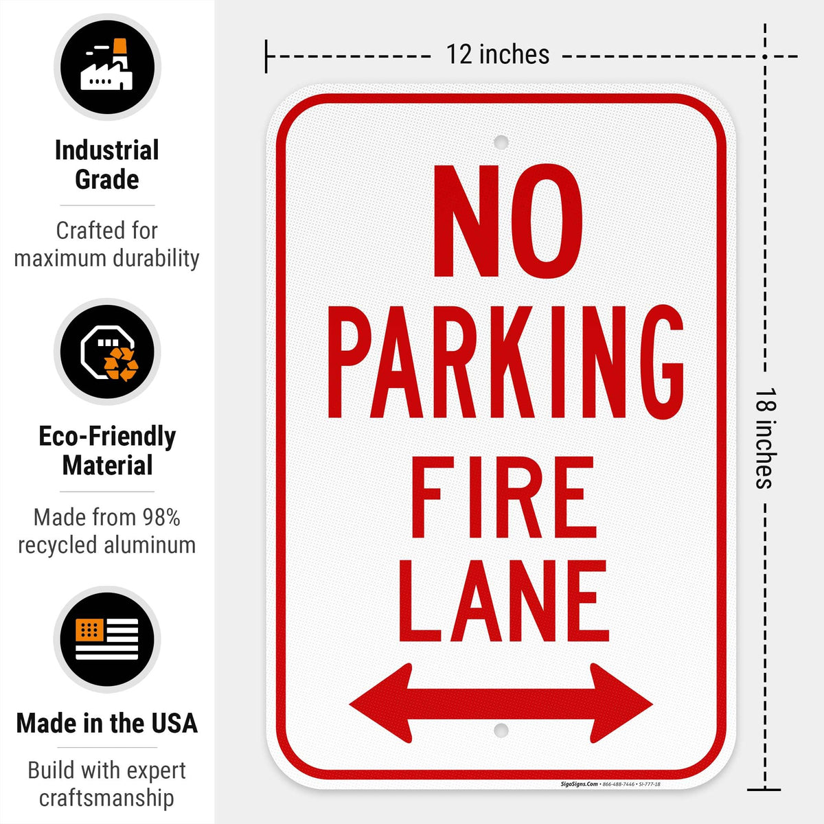 No Parking Fire Lane Bidirectional Arrow Sign, Aluminum 12x18 Reflective