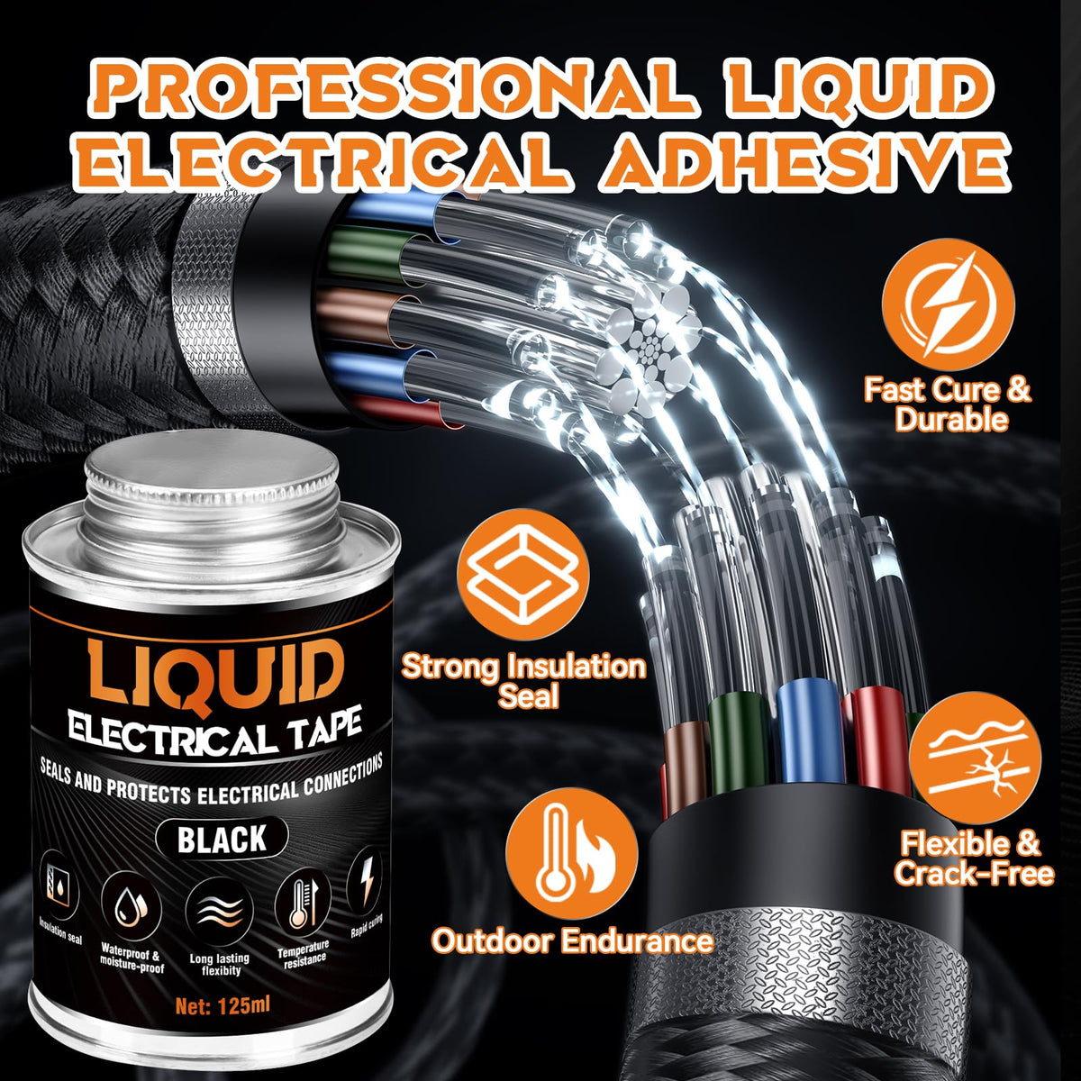 Liquid Electrical Tape, Quick Drying Insulating Electrical Glue, Black Waterproof Wire Glue, High Temperature Resistant; Ideal for Wire Equipment Repair, Automotive, Marine, and Home Use, 4OZ