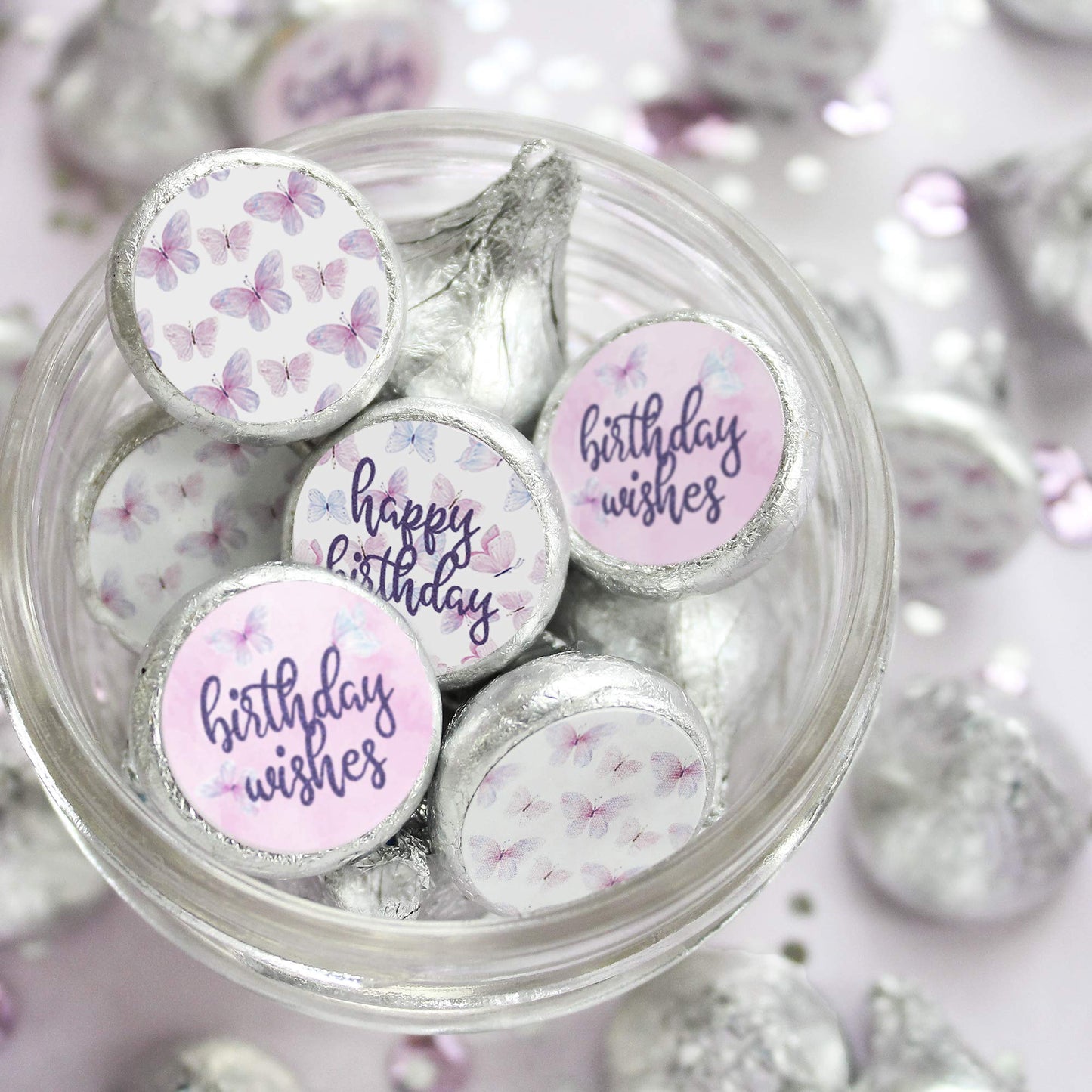 Butterfly Birthday Party Favor Chocolate Kisses Candy Stickers, Butterfly Wishes - 180 Count
