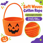Halloween Basket, Woven Cotton Rope Pumpkin Pail with Handle white yellow