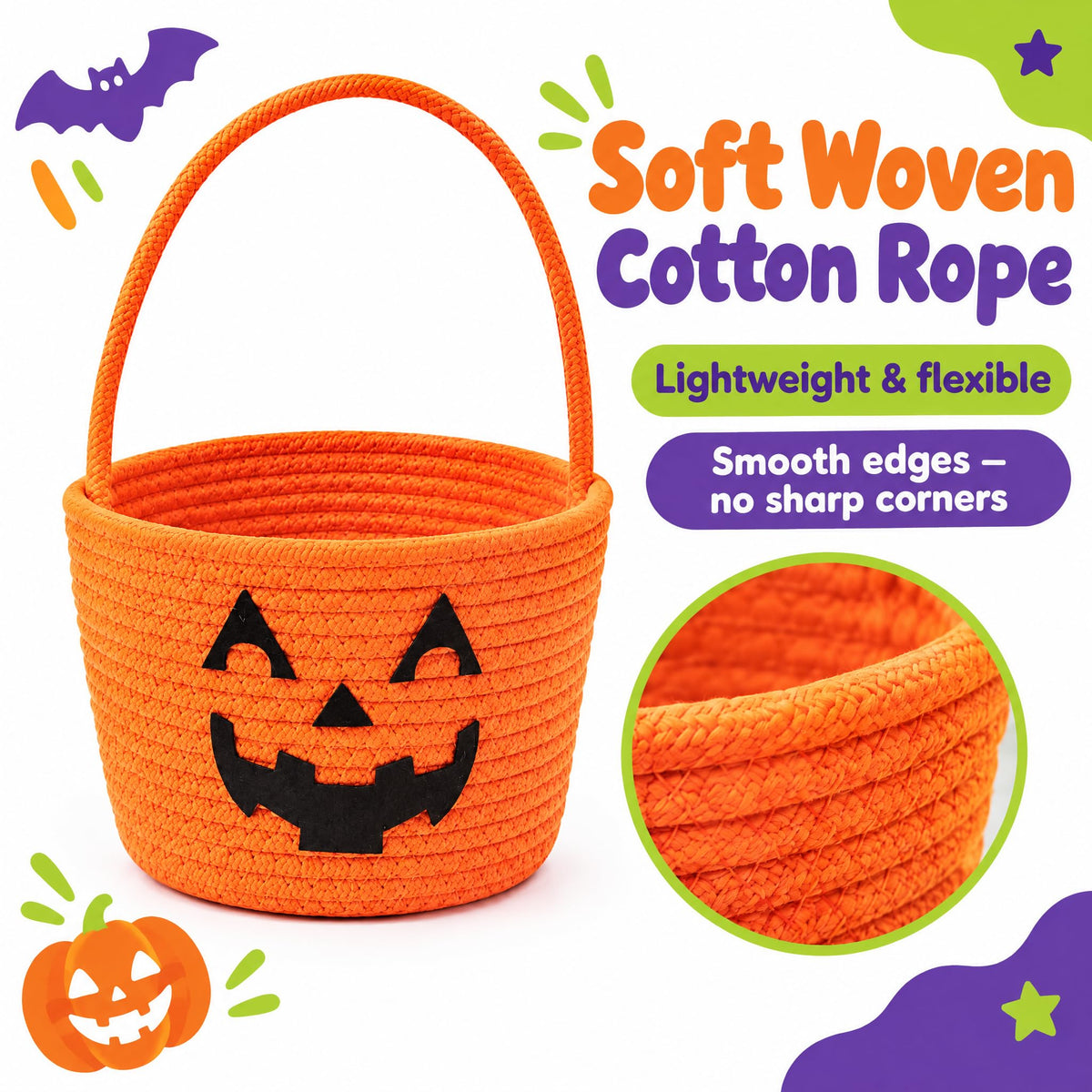 Halloween Basket, Woven Cotton Rope Pumpkin Pail with Handle white yellow