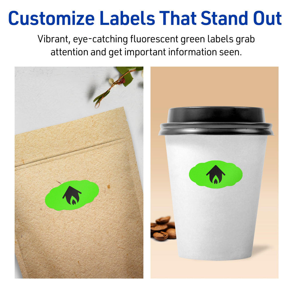 Avery® Printable Oval Scalloped Labels, Sure Feed® Technology, 1-1/8" x 2-1/4", Neon Green Labels, Print-to-The-Edge, Laser/Inkjet Printable, 420 Total, Great for Candles and Jars 420 labels