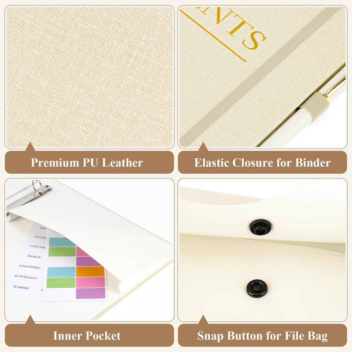 HAUTOCO PU Leather 3-Ring Important Document Organizer Folder Binder Beige
