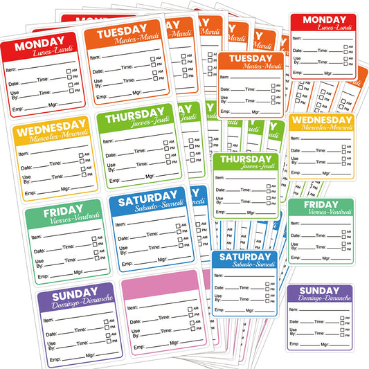 7 Day of The Week Food Labels Removable Monday-Sunday Day Stickers for Containers Home Kitchen Freezer Restaurant Monthly Planners Inventory Management Meal Prep Supplies