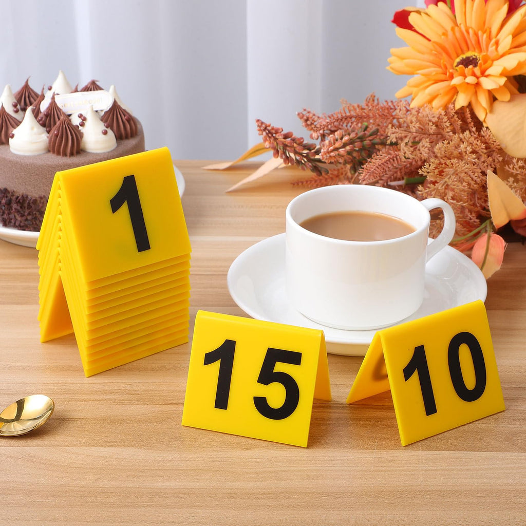 SEWACC 15 Pcs Acrylic Table Number Cards, Sturdy Plastic Yellow Restaurant Place Cards with Black Numbers 1-15, High Visibility Table Tents for Cafes And Banquets, Seating Markers