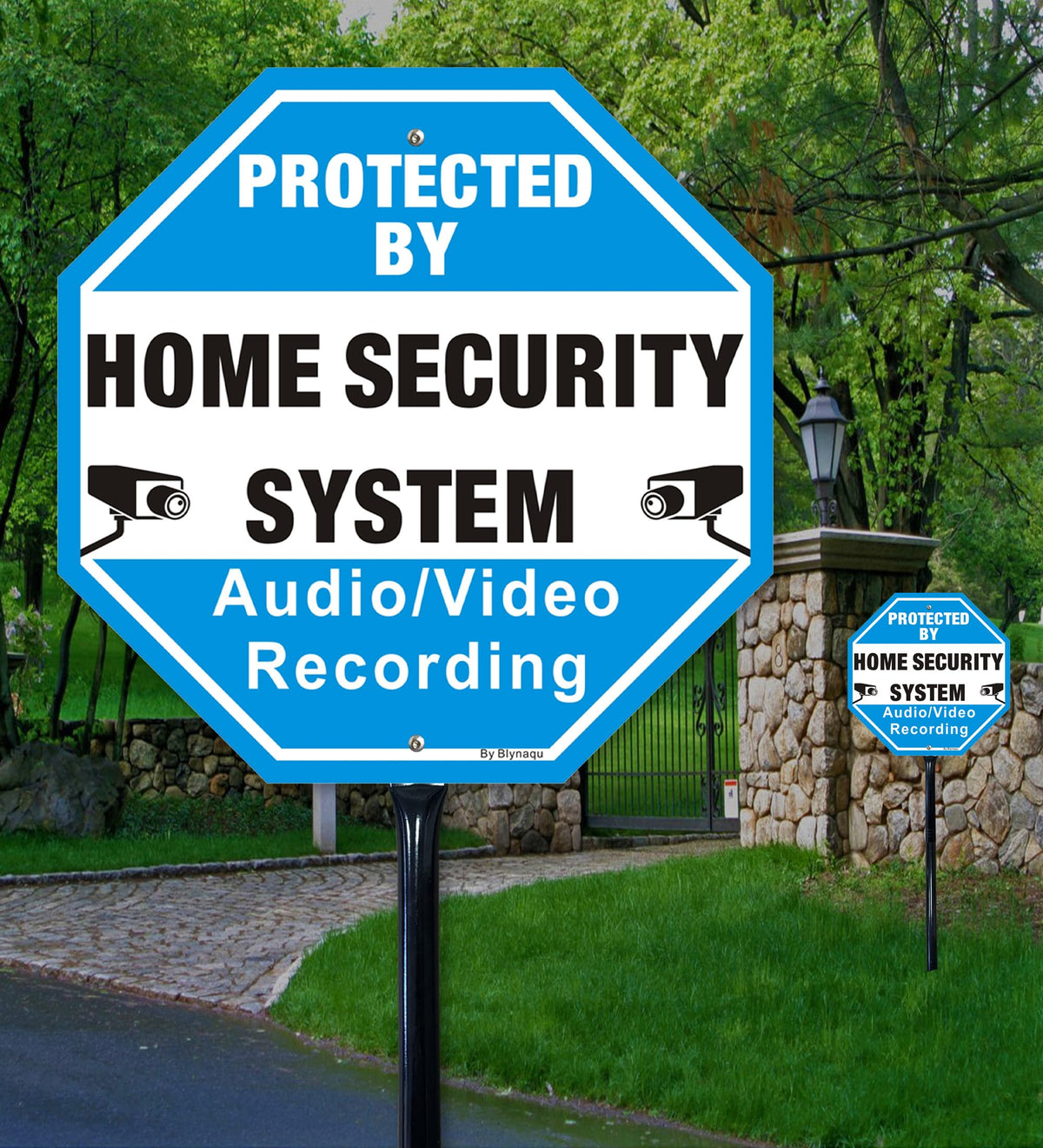 2 Pack Protected By Home Security System Signs for Yard, 12" x 12" Aluminum Sign with 36" Metal Stakes, Audio Video Recording Warning Sign, Reflective Aluminum 2Pack with Black Stake