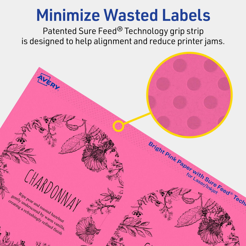 Avery® Printable Arched Labels, Sure Feed® Technology, 4-3/4" x 3-1/2", Bright Pink Labels, Print-to-The-Edge, Laser/Inkjet Printable, 80 Total, Great for Shipping and Wine Bottles 80 labels