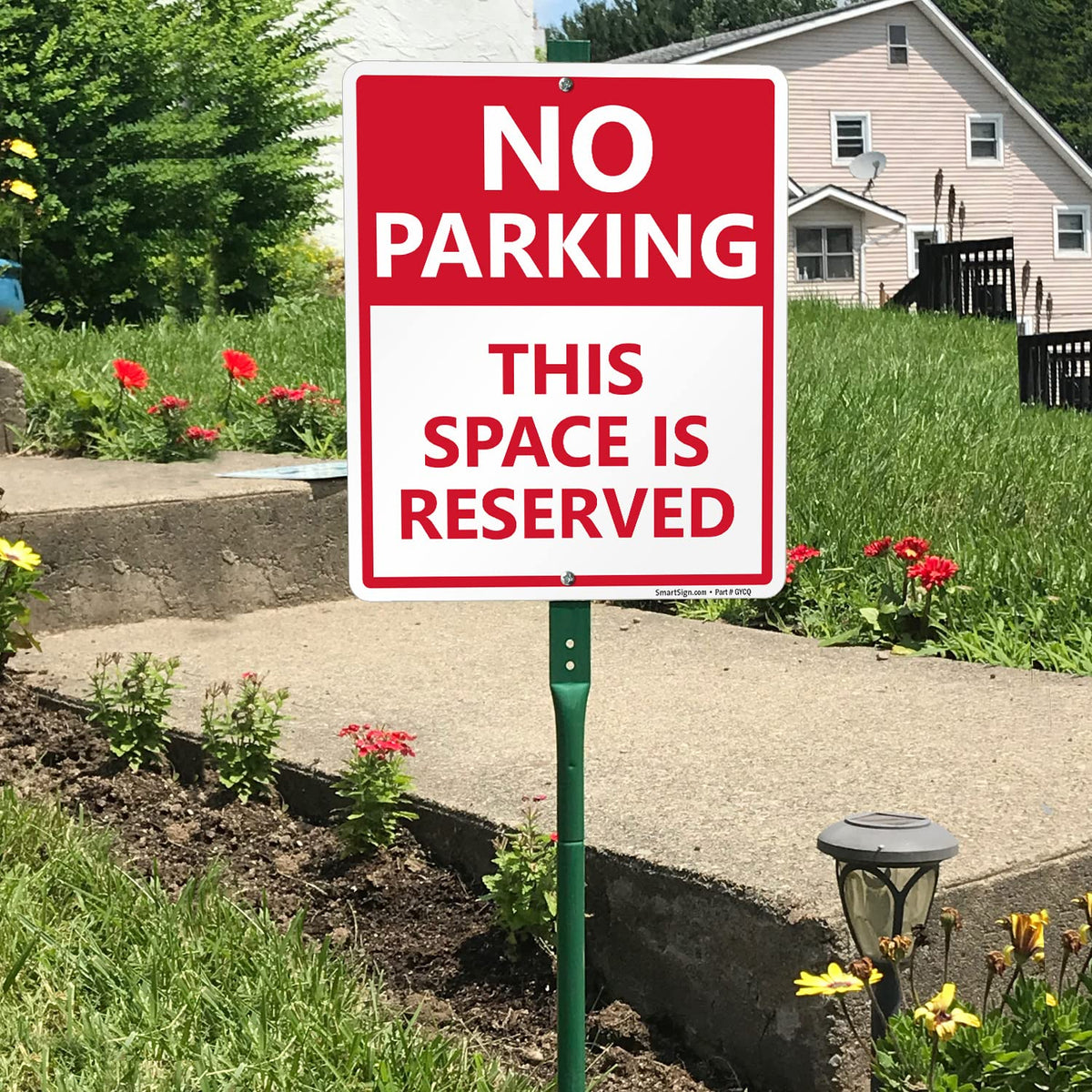 SmartSign 12 x 10 inch “No Parking - This Space Is Reserved” LawnBoss Yard Sign with 3 foot Stake, 40 mil Aluminum, Laminated Rustproof Aluminum, Red and White, Set of 1 10" x 12" Aluminum Sign with 3' Stake