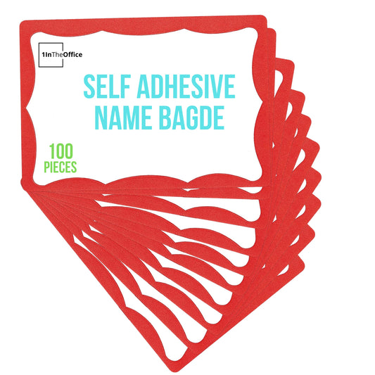1InTheOffice Sticker Name Tags, Sticky Name Tags, Name Badge Stickers, 3.5" x 2.25", Self-Adhesive, Red, 100 Pack